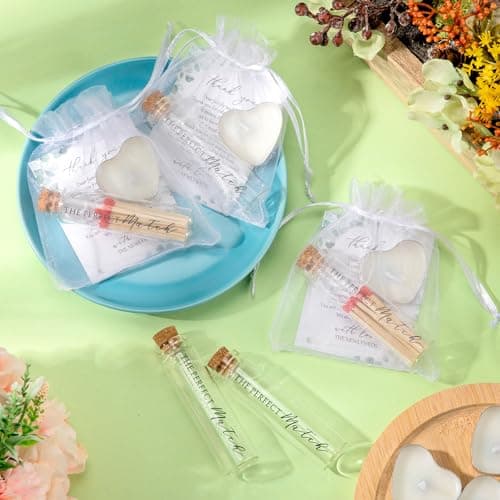 50 Sets Wedding Party Favors for Guests Bulk Including Mini Heart Shaped Candles and Empty Matches Jars with Cork Top Thank You Cards and Organza Bags for Wedding Bridal Shower Party Souvenir