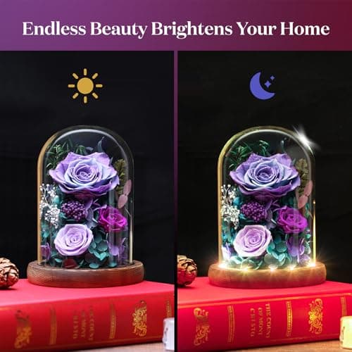 Dsuto Forever Fresh Flowers Bouquet in Glass Dome with Light, Preserved Purple Roses Gifts for Women on Birthdays, Anniversaries, Christmas, Valentine’s Day & Mother’s Day