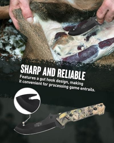 Mossy Oak Fixed Blade Hunting Knife Set - 2 Piece, Full Tang Handle Straight Edge and Gut Hook Blades Game Processing Knife, Sheath Included - Yellow Camo