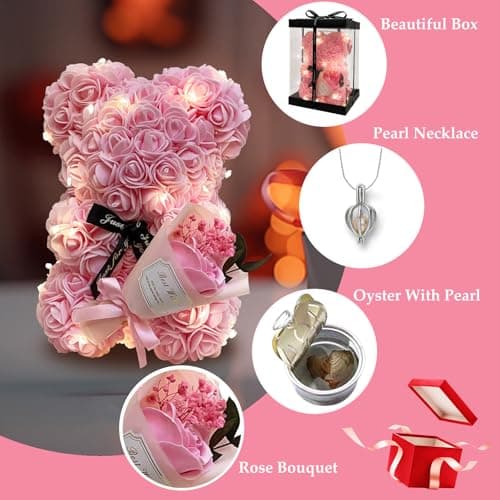 Romantic Valentines Day Gift for Her Rose Artificial Flower Rose Teddy Bear for Wife, Girlfriend Mother Daugther Women. Blind Box for Christmas Birthday Wedding Anniversary (Pink Bear)