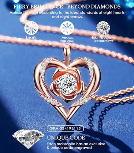 Rose Flower Heart Moissanite Necklaces for Wife, S925 Silver Pendant for Women, 18K Gold Plated Jewelry for Her Girlfriend Mom for Anniversary Birthday