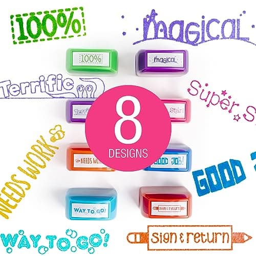 Teacher Stamps - Self Inking Motivational Encouraging and Colorful Set for School Classroom and Homeschool Setting (Set of 8)