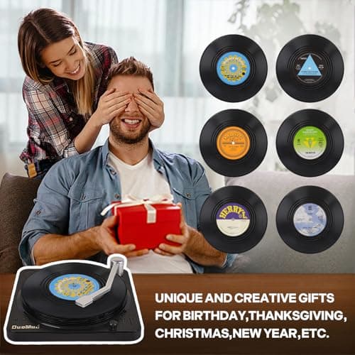 Funny Retro Record Coasters for Drinks with Vinyl Player Holder for Music Lovers,Set of 6 Conversation Piece Sayings Drink Coaster,Housewarming Hostess Wedding Registry Gift Ideas