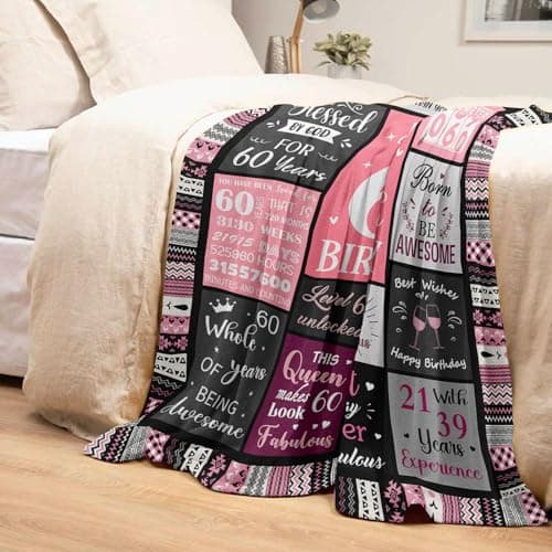 60th Birthday Gifts for Women Throw Blanket 60”X50”, Happy 60th Birthday Decorations Gift Ideas for 60 Year Old Woman, 1965 Bday Gifts for Mom Grandma