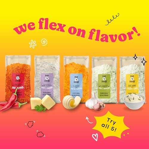 Pop n' Dulge Popcorn Movie Night Supplies 16 pcs Gift Set, 5 Gourmet Popcorn Kernels, 5 Seasoning Variety Packs Non-GMO Kosher Snacks, Great Housewarming Family Date Night Gifts Basket Ideas For Him Her