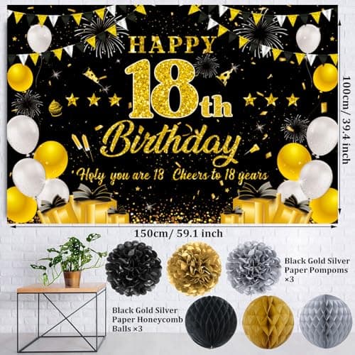 18th Birthday Decorations for Boys Girls, Black Gold Happy 18th Birthday Party Decorations, Time To Adult Birthday Banner, Backdrop, Balloons, Hanging Swirls, BIrthday Cards, Cake Topper, Pompom 52pcs