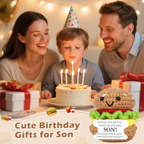 Mini Birthday Gift for Son from Dad Mom Handmade Crochet Burger for New Dad Son-in-Law Adult Sons New Father Christmas Basket Idea from Parents to Sons from Mother Father