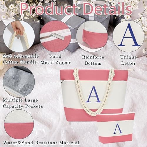 YOOLIFE Beach Bags for Women - Initial Canvas Tote Waterproof Bag with Makeup Bag Gifts for Women Mom Friend Birthday Her