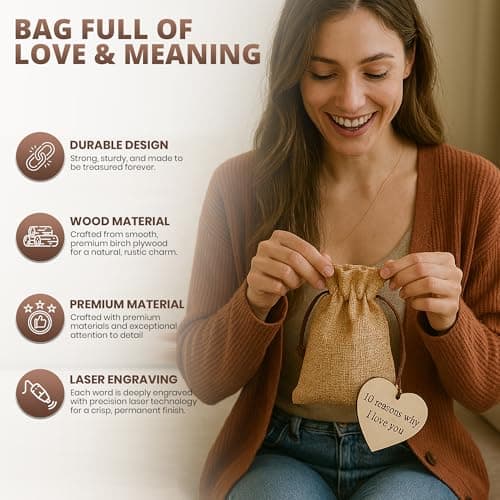 10 Reasons Why I Love You Wooden Hearts - Romantic Anniversary and Valentine’s Gift with 10 Unique Messages in Hessian Bag - Thoughtful Keepsake for Him or Her - Eco-Friendly No Plastic