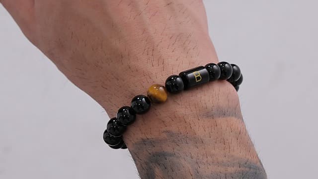 FRG Initials Bracelets for Men Letter Link Handmade Natural Black Onyx Tiger Eye Stone Beads Braided Rope Meaningful Bracelet
