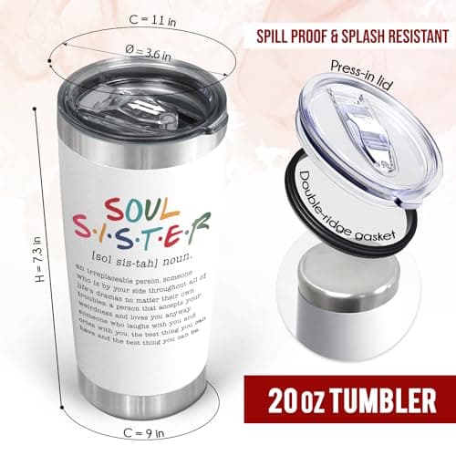 TEEZWONDER Friendship Gifts for Women - Soul Sister Stainless Steel Insulated Coffee Tumbler with Lid 20 oz - Mothers Day Birthday Gifts for Friendship Women Friend BFF Female Work Bestie Coworkers