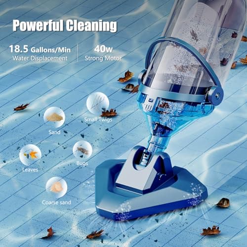 Pool Vacuum for Above Ground Pool with a Telescopic Pole, Running time up to 1H, T403 Handheld Rechargeable Pool Cleaner with Powerful Suction up to 18.5 gallons/min, Ideal for Leaves, Debris