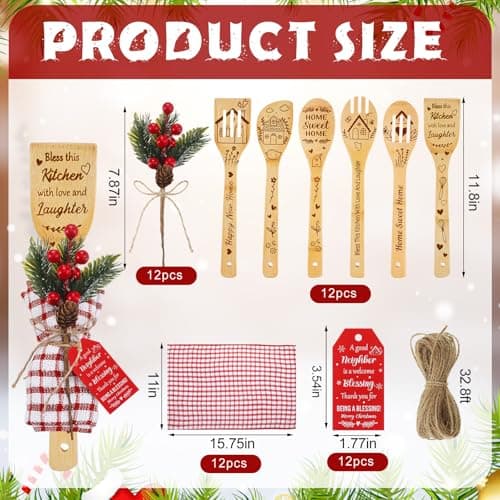 Mimorou 12 Set Neighbors Gift for Christmas Housewarming Neighbors Birthday Welcome Christmas Appreciation Gifts Xmas Kitchen Cooking Utensils Set with Spoon Towels Artificial Pine Picks Thank You Tag