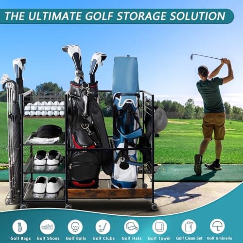 Golf Bag Organizer for Garage, Golf Accessories for Men Women, Golf Bag Stand, Golf Storage Organizer with 2 Hooks, Storage Rack for 2 Golf Bags, Sports Equipment Organize, Golf Club Holder