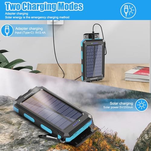 Solar Charger Power Bank, 20000mAh Portable Outdoor Waterproof Solar Battery Charger, Camping External Backup Battery Pack USB C Ports Input/Output, 2 Led Light Flashlight with Compass (Blue)