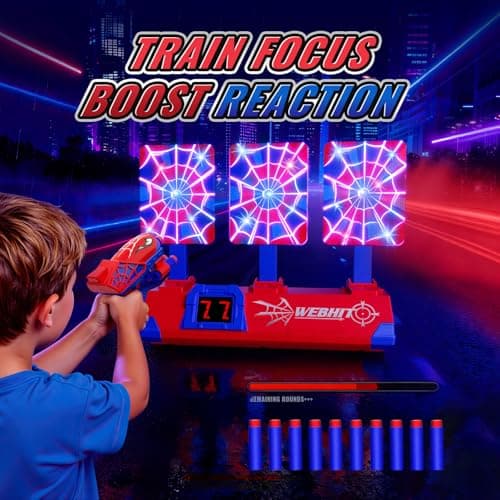 Shooting Toys for 3-12 Year Old Boys, Hero Styles with Glowing Web&Sounds,LCD Scoring and Auto Reset 3 Shooting Targets,Indoor Outdoor Kids Family Games Christmas Birthday Gifts for Boys Toys Age 3-12