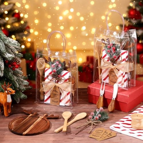 6 Set Christmas Kitchen Gifts Wood Cheese Board Fork Spoon Butter Spreaders Dish Cloth Thank You Card Ribbon and Gift Bags for Merry Christmas Cooking Serving Xmas Utensils Gifts (Reindeer)
