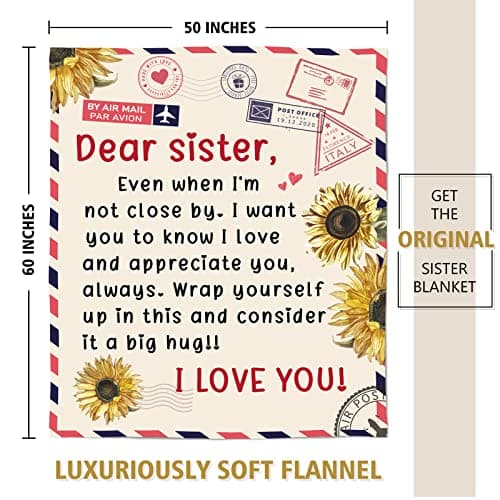 Niyewsor Sister Birthday Gifts, Sister Gifts Blanket, Sisters Gift from Sis, Present for Sisters on Mothers Day, Christmas, Dear Sis Airmail Throw Blanket, 60" * 50"