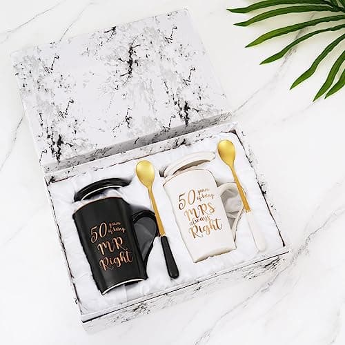 YHRJWN - 50th Wedding Gifts, 50 Years of Being Mr & Mrs Always Right Mug Set, Wedding Gifts Ideas for Parents Couple, 14 Oz with Lids and Gift Box