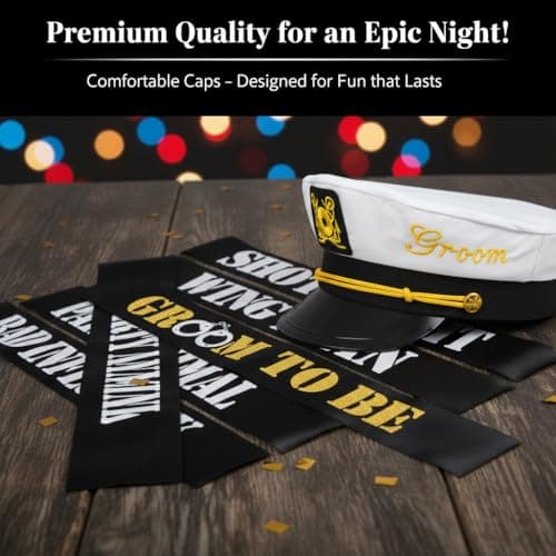 Men's Bachelor Party Decorations Kit with 1 Groom & 6 Groomsmen Belts, Gold Glitter Banner & Captain Hat for Bachelorette Party Supplies & Accessories