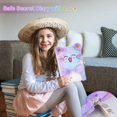 Cat Diary with Lock, Gift for 6 7 8 Year Old Girl, Secret Diary Journal Notebook with Coin Purse, Multicolored Pen, Post-it Note, Stickers, Practical Gift for Birthday (A Happy Cat)