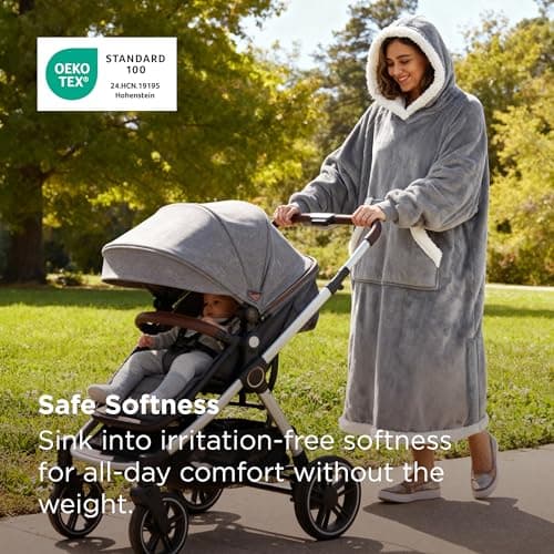 Bedsure Wearable Blanket Hoodie, Long Hooded Blanket Sweatshirt as Birthday Gifts for Women, Cozy Sherpa Hoodie for Adult, Standard, Grey