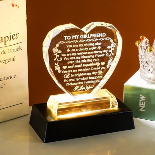 YWHL Romantic Girlfriend Gifts from Boyfriend, To My Girlfriend Crystal Heart Shaped Keepsake with Colorful Light Base, Girlfriend Birthday Gift, Gifts for Girlfriend on Anniversary Valentine