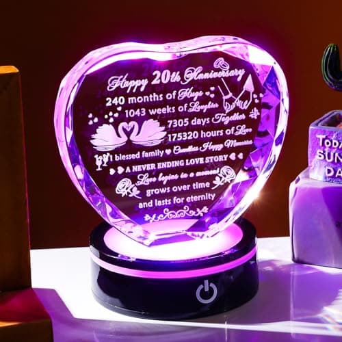 YWHL 20th Anniversary Crystal Heart Gifts for Wife Husband, Laser Engraved Romantic 20 Year Wedding Anniversary Crystal Keepsake Gifts for Her Him, 20 Years of Marriage Gift for Couples Friends