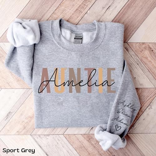 DILYPOD Personalized Auntie Name Sweatshirt, Custom Auntie with Kids Names On Sleeve, Aunt Sweatshirt, Aunt Gift, Christmas Shirt for Women, Gift for Mothers Day Womens Day Birthday