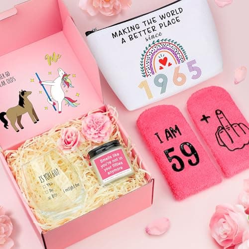 60th Birthday Gifts for Women Funny 60 Year Old Birthday Gifts for Women Turning 60 Gift for Woman Happy 60th Bday Decorations for Woman Mom Her - Wine Glass Makeup Bag Candle Socks