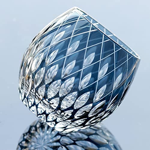 JINZHI Japanese Style EDO Kiriko Whiskey Glasses 11OZ Unique Shape Colored Hand Carved Glass Tumbler for Bourbon Lovers - Style Glassware for Rum - Rocks glasses in Gift Box (Blue)