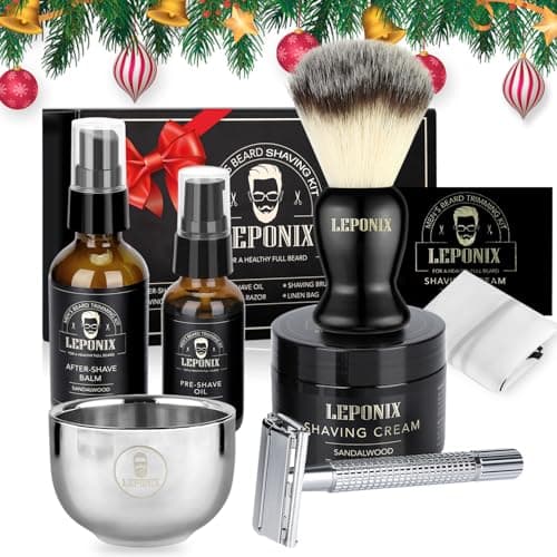 Shaving Kit for Men, Include Safety Razor, Sandalwood Cream, Aftershave, Pre Shave Oil, Shaving Brush and Bowl, Shaving Apron Bib -Unique Gifts for Him Stocking Stuffers