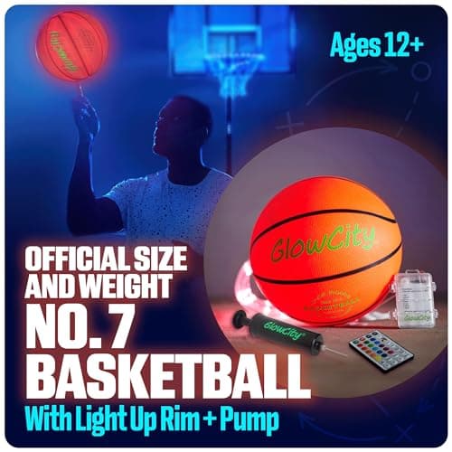 GlowCity Glow in The Dark Basketball - Sizes 5, 6, 7 Light Up Ball for Kids, Teens & Adults - Red Glow for Outdoor Games - Sports Birthday Gifts Ideas for Boys Ages 6 7 8 9 10 11 12 13 14