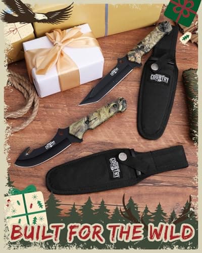 Mossy Oak Fixed Blade Hunting Knife Set - 2 Piece, Full Tang Handle Straight Edge and Gut Hook Blades Game Processing Knife, Sheath Included - Yellow Camo