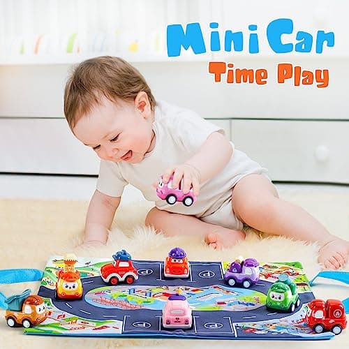 Mini Car Toys for 1 Year Old Boy Gifts, 12 Sets Pull-Back Trucks with Playmat/Storage Box for Toddlers Age 1-2, Baby Toys 12-18 Months, 1st Christmas Birthday Gifts for One Year Olds