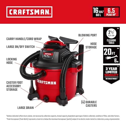 CRAFTSMAN CMXEVBE17595 16 Gallon 6.5 Peak HP Wet Dry Vac, Heavy-Duty Shop Vacuum Wet and Dry with Filter, Dust Bag, Hose and Attachments for Home Projects & Renovations