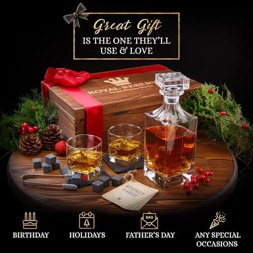 Whiskey Decanter Gift Set by Royal Reserve – Liquor Bourbon Decanter 24 oz 750 ml with Glasses, Chilling Stones, Coasters and Tong – Whiskey Gifts for Men, Husband, Dad, Boyfriend