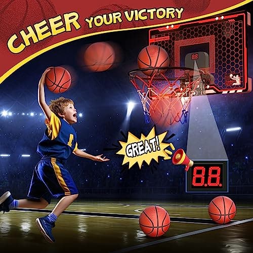 HopeRock Indoor Basketball Hoop for Kids, Over The Door Mini Basketball Hoops, with LED Light, Scoreboard, Birthday Toys Gifts for 5 6 7 8 9 10 11 12+ Year Old Boys
