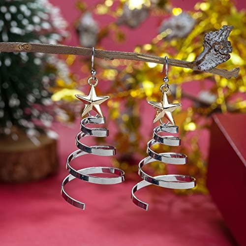 Handmade Christmas Tree Dangle Hoop Earrings Golden Silver Two Tone Women Holiday Gift, Thanksgiving Themed Earrings, Christmas Party Gift