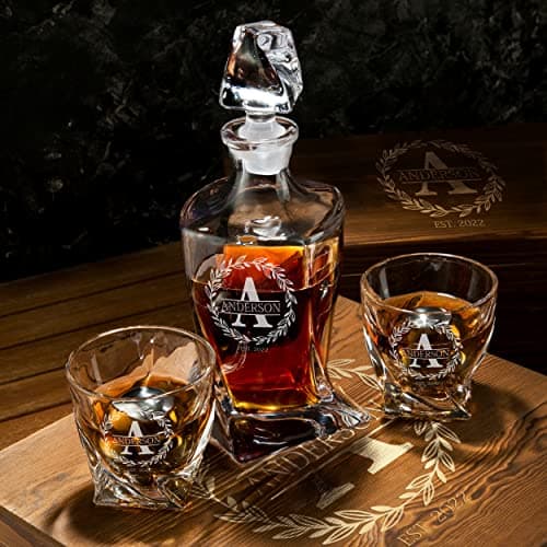 Personalized Whiskey Decanter and Stones Set - Customized Gift for Him - Men, Dad, Father - Engraved Twisted Decanter,2 Twisted Glasses, 2 XL Chilling Balls, Coasters, Tongs in Wooden Gift Box