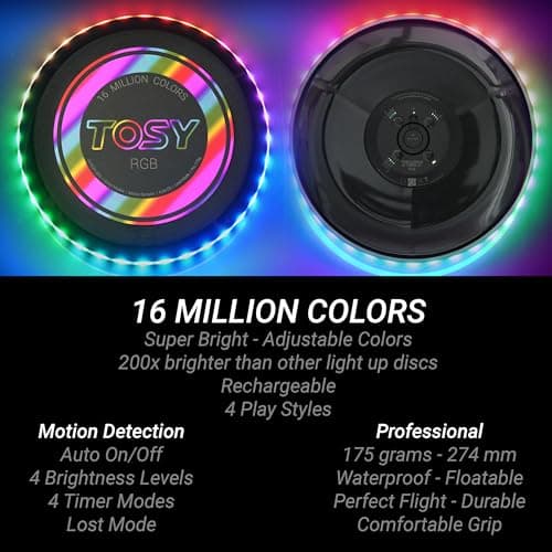TOSY Flying Disc - 108 RGB Multicolor or 36 Monocolor LEDs, Super Bright, Smart Modes, Christmas Stocking Stuffers Gift, Camping Toy for Kid/Teen/Adult, Auto Light Up, Rechargeable, Waterproof, 175g