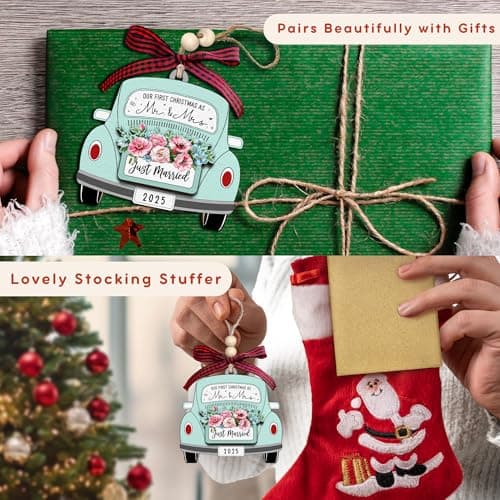 TUMSHANIP First Christmas Married Ornament 2025 - Wedding Ornaments - Wedding Gifts for Couples 2025, Newlyweds, Bride - Mr and Mrs Gifts - Just Married Couple Gift - Wood Ornament