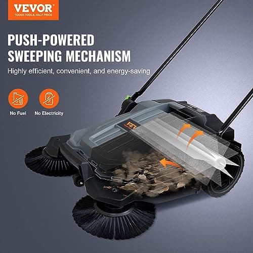 VEVOR Walk-Behind Hand Push Floor Sweeper, 25.6" Sweeping Width Floor Sweeper Manual Non-Electric, 5-Gallon Waste Container, Angle & Height Adjustable Folding Handle for Walkway, Yard, Garage, Patio