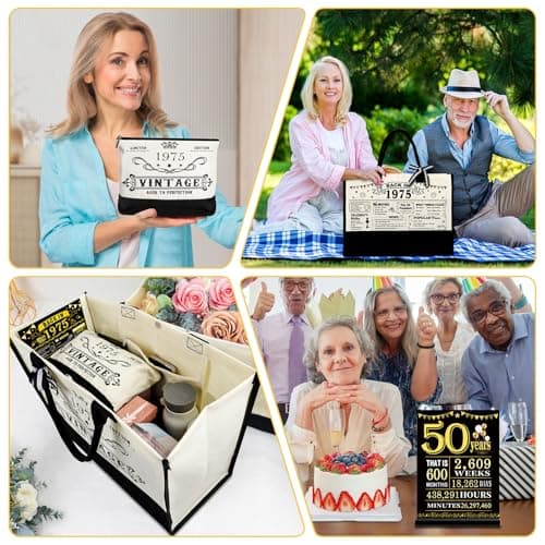 50th Birthday Gifts for Women Canvas Tote Bag Travel Gear, Unique 50 Years Old Gifts for Wife Sister Mom Aunt Friends Her, Vintage 1975 Handbag & Cosmetic Bag & Back in 1975 Poster