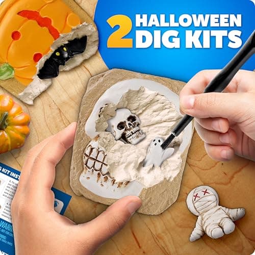 Blue Marble Halloween Dig Kit – Excavation Set with Skull & Pumpkin Dig Bricks, Includes Ghost, Mummy, Bat & Skull Figures, for Kids, Boo Basket Stuffers, Hands-On Activity
