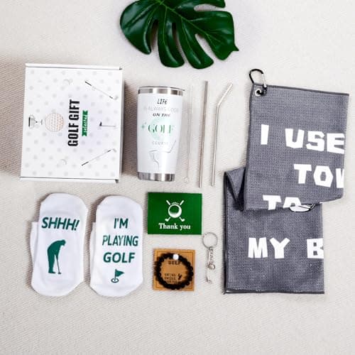 Golf Gifts for Men - 9PC Set: Tumbler, Towel, Socks, Key Chain, Bracelet, Thanks Card; Gift Box; Perfect for Golfer, Dad, Christmas