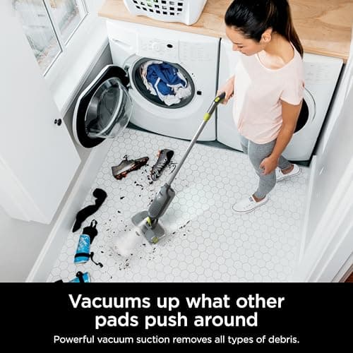 Shark VACMOP Cordless Hard Floor Cleaner, Vacuum and Spray Mop, Powerful Suction, Lightweight, LED Headlights, Includes 4 Disposable Pads, 12oz Multi-surface Cleaning Solution, Gray, VM252