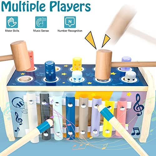 KIDWILL Montessori Pounding Toy for 1 2 Year Olds Wooden Hammering & Activity Board with Xylophone, Number Maze, Pounding Bench Educational Toddler Gift Toys Age 1-3