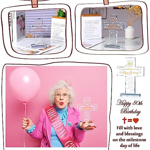 80th Birthday Religious Gifts for Women, Men, Friends, Grandma & Mom - Glass Stand Cross Engraved with 80 Year Old Birthday Blessing, Turning 80 Keepsake Home Decor
