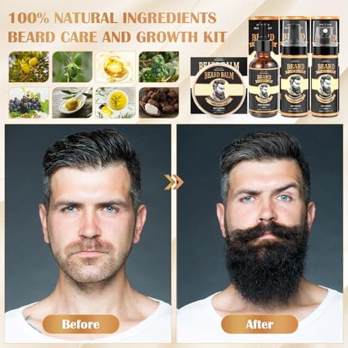 Beard Growth Kit, Grooming Set w/Growth Oil, Conditioner, Balm, Shampoo Wash, 0.25MM Roller, Brush, Comb, Scissor, Bag, Christmas Birthday Valentines Day Gifts for Him Men